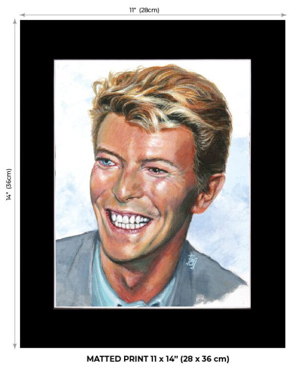 David Bowie comes to life on these reproductions from my original painting. Matted with black matte board and backed with foam core. Full size 11 x 14" (28 x 36 cm).