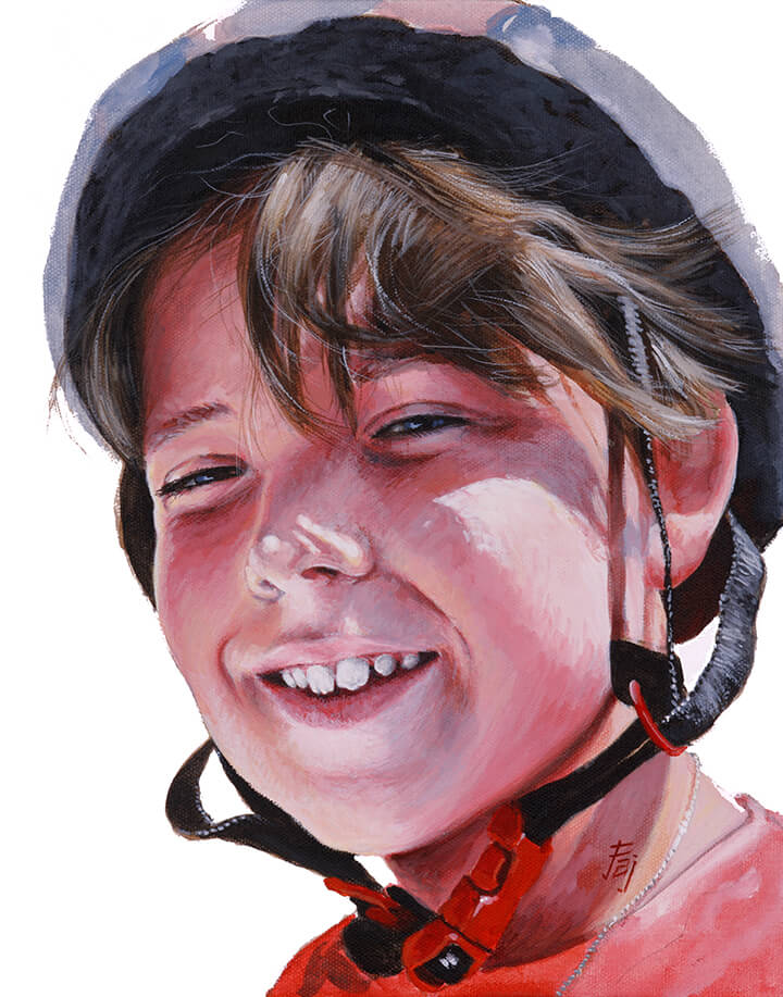 Acrylic portrait of boy with bike helmet