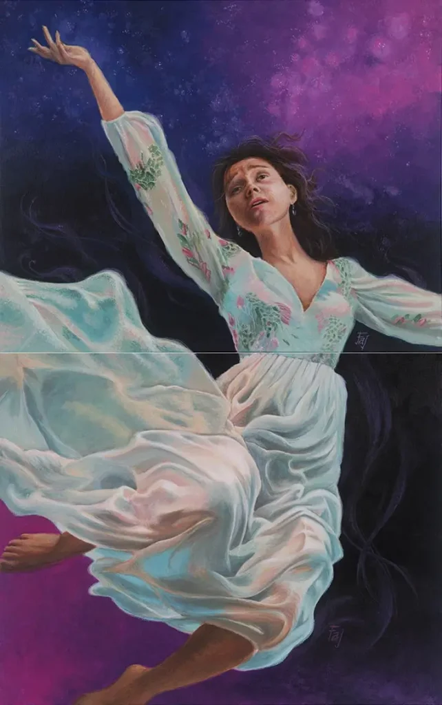 Woman Falling Out of the Night Sky • 2-piece Acrylic Painting 20" x 32"